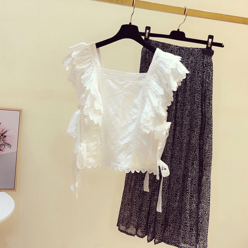 Áo sơ mi nữ nơ ren-up xù cổ vuông ngắn mùa hè chắp vá hàng đầu