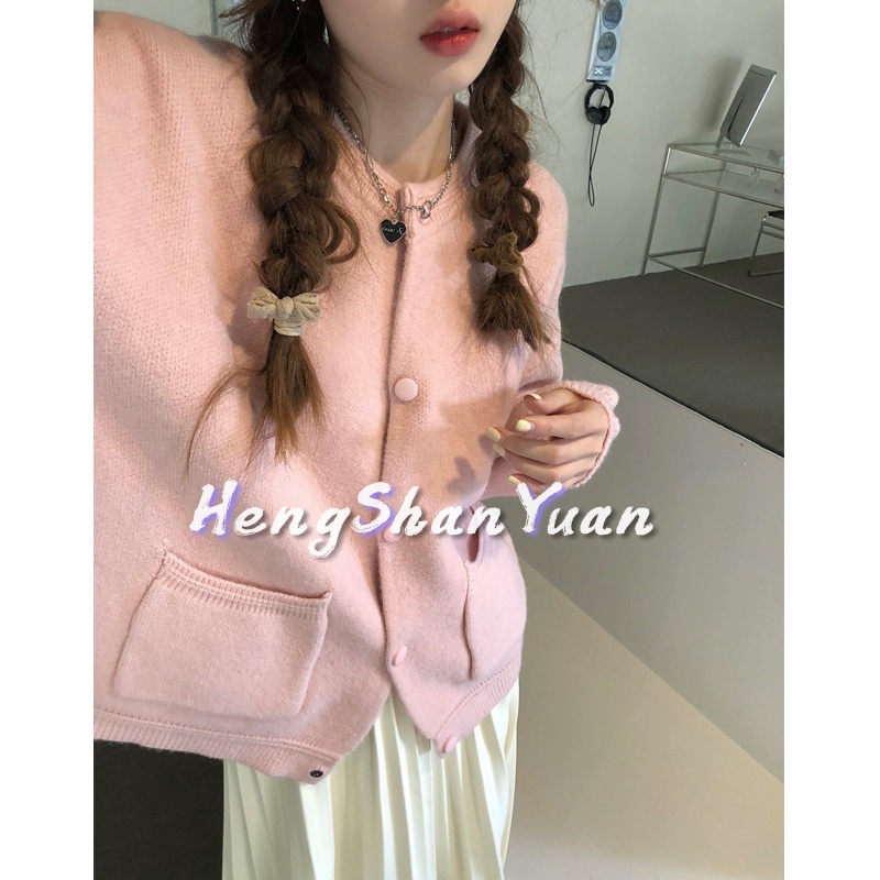 Áo khoác HENG SHAN YUAN tay dài dáng rộng màu hồng ngọt ngào thời trang