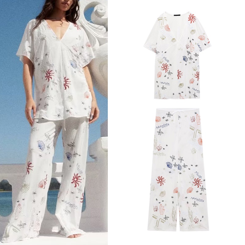 Zara summer new thêu áo ngắn tay + quần thêu ren-up 1165635 1165636