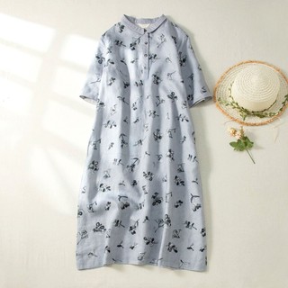 Đầm Cotton Lanh Ngắn Tay In Họa Tiết Retro Nhật Bản Cho Nữ