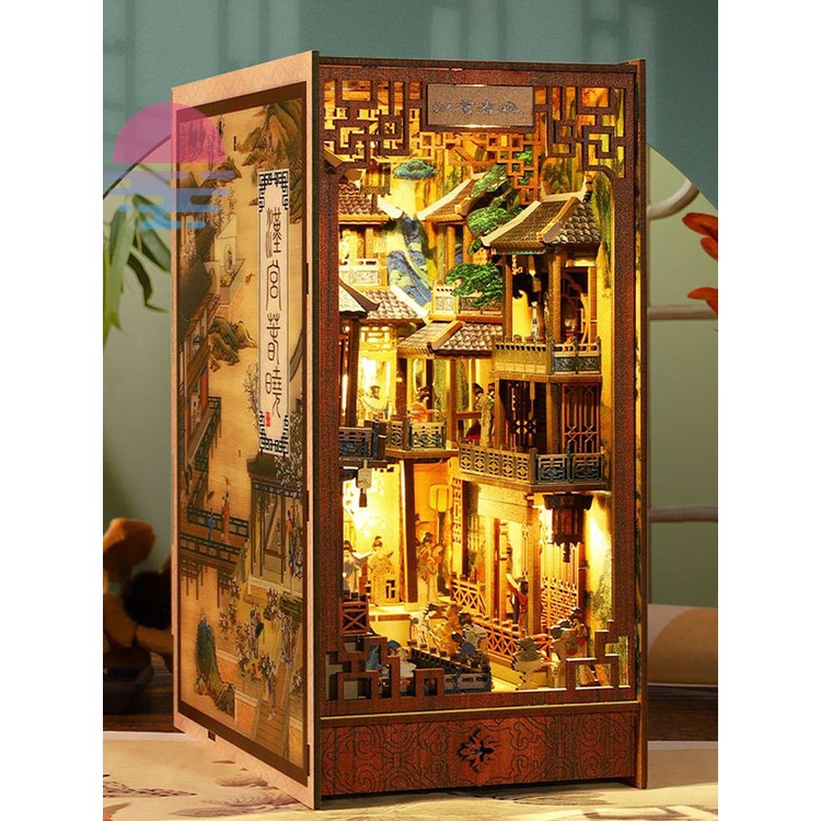 Diy book nook kit 3d xếp hình bằng gỗ giá sách chèn trang trí với cảm biến led ánh sáng diy miniature dollhouse model kit shops shopkc0122
