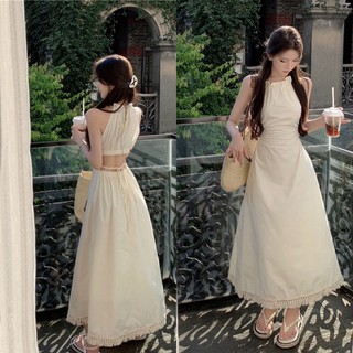 Đầm Maxi Cổ Yếm Khoét Eo Đan Dây Sau Tua Rua Hàng 2 Lớp, Váy Đi Biển Dáng Dài Có Ảnh Thật