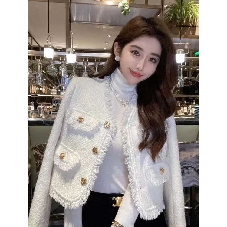 Spring autumn new style light luxury high-end tweed small fragrance short top french white jacket women autumn