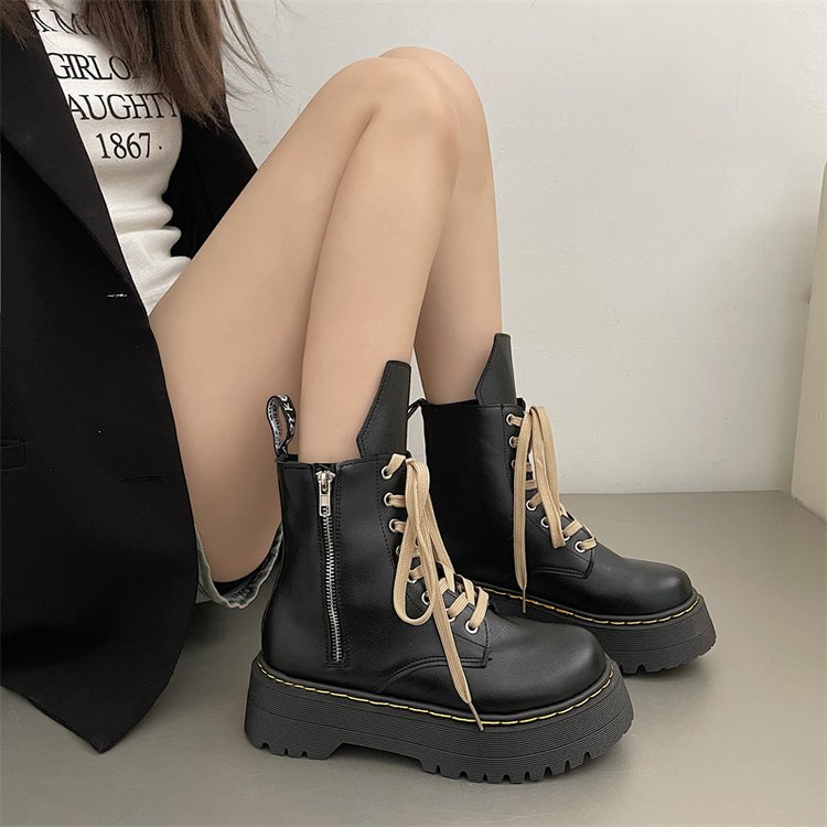 Blackpink cùng phong cách pu nền tảng ngón chân tròn đế martin boots phong cách anh niche ins side zipper dày đế thời trang boots nữ