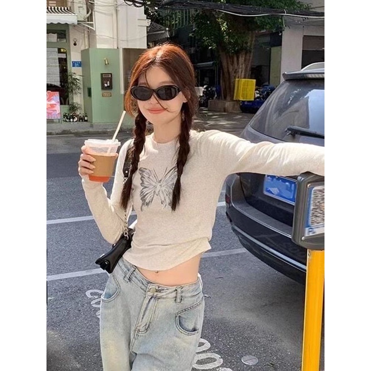 Áo Thun Tay Dài Màu Xám In Hình Bướm Thời Trang Xuân Thu Cho Nữ