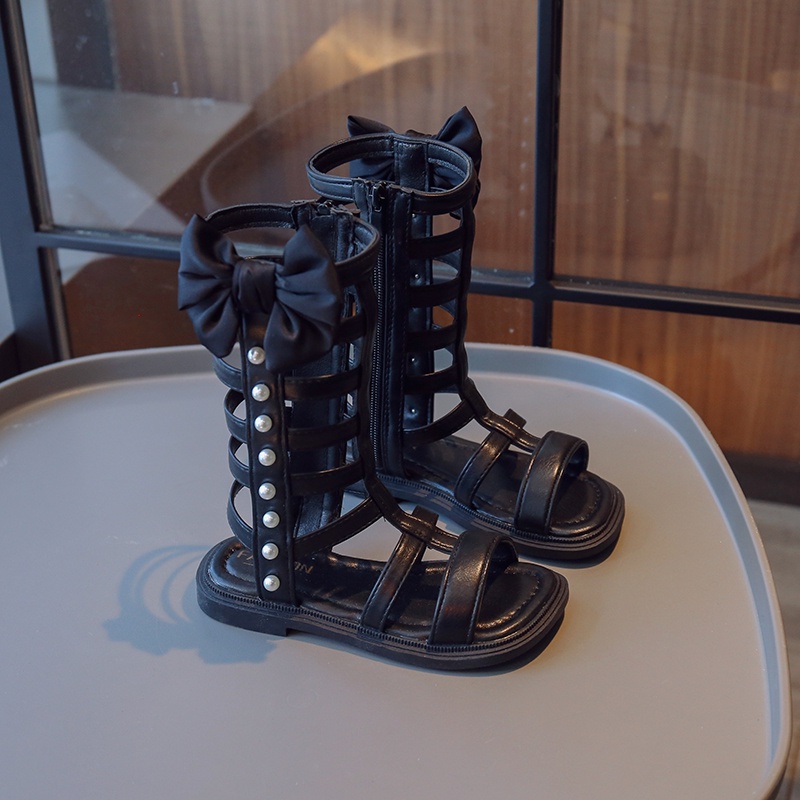 Xăng đan Chiến Binh La Mã Cổ Cao Đính Nơ Và Ngọc Trai Thời Trang Mùa Hè 2023 Cho Bé Gái
