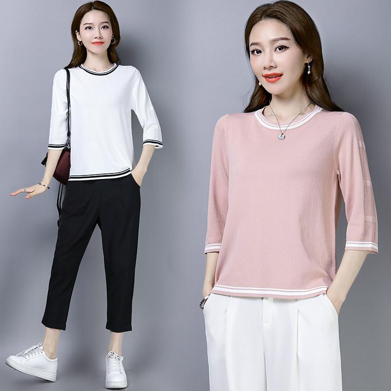 Áo Thun Tay Lửng Dáng Rộng Bằng Lụa Lạnh Mỏng Màu Trơn Thời Trang Mùa Hè Hàng Mới Dành Cho Bạn Nữ