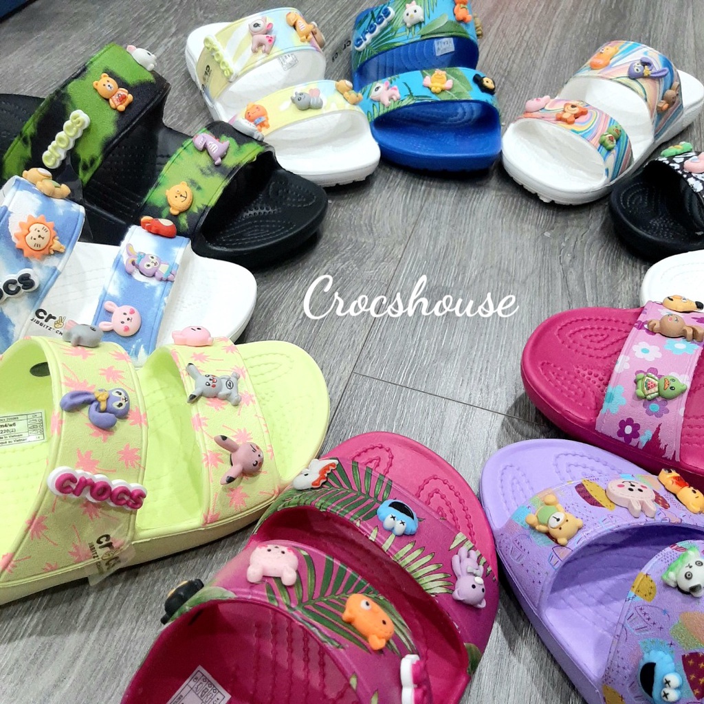 (Bảng màu 1) Dép crocs hai quai ngang hoạ tiết classic tặng 2 jibbitz, dép quai ngang crocs nam nữ - Crocs house