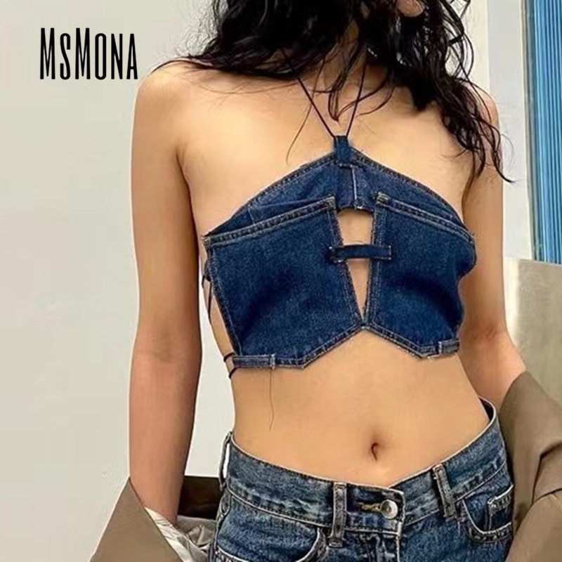 Áo Hai Dây Denim Màu Trơn Thời Trang 2023 Cho Nữ
