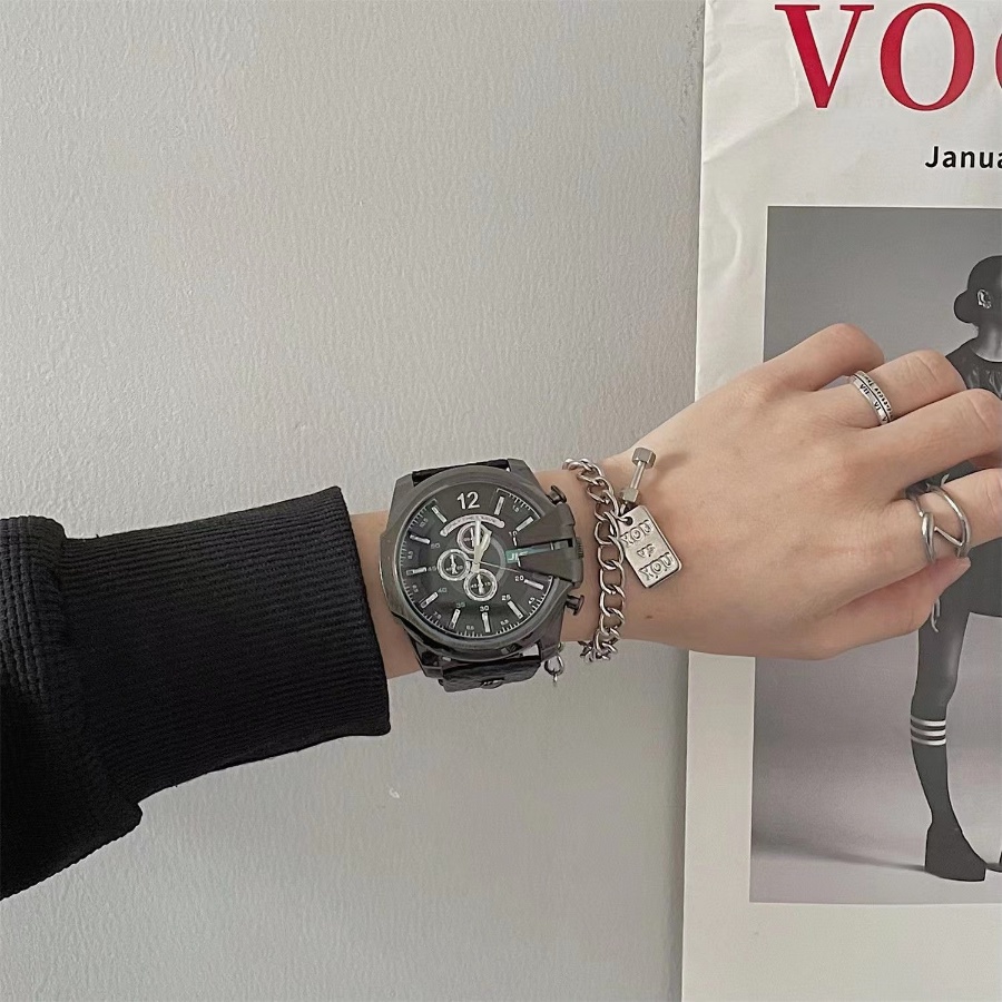 Đồng Hồ Đeo Tay Mặt Tròn Dây Da PU Kiểu Hip-Hop Hàn Quốc Cá Tính Cho Nam