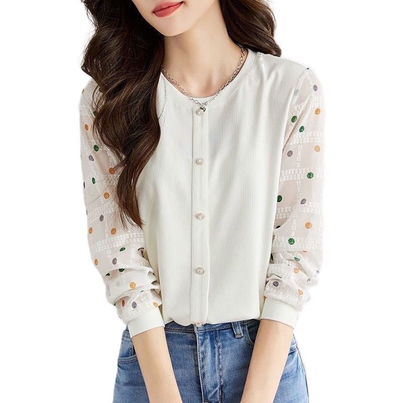 Áo chiffon Nữ Cổ Tròn Tay Dài Họa Tiết Chấm Bi Nhiều Màu