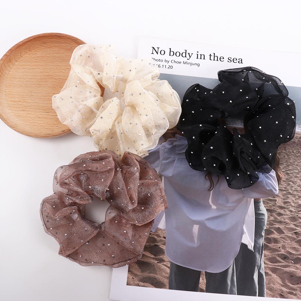 LOMBARD Dây Buộc Tóc Cao Su Bọc Vải Lưới Trong Suốt Trang Trí Đá Nhân Tạo Kiểu Đơn Giản