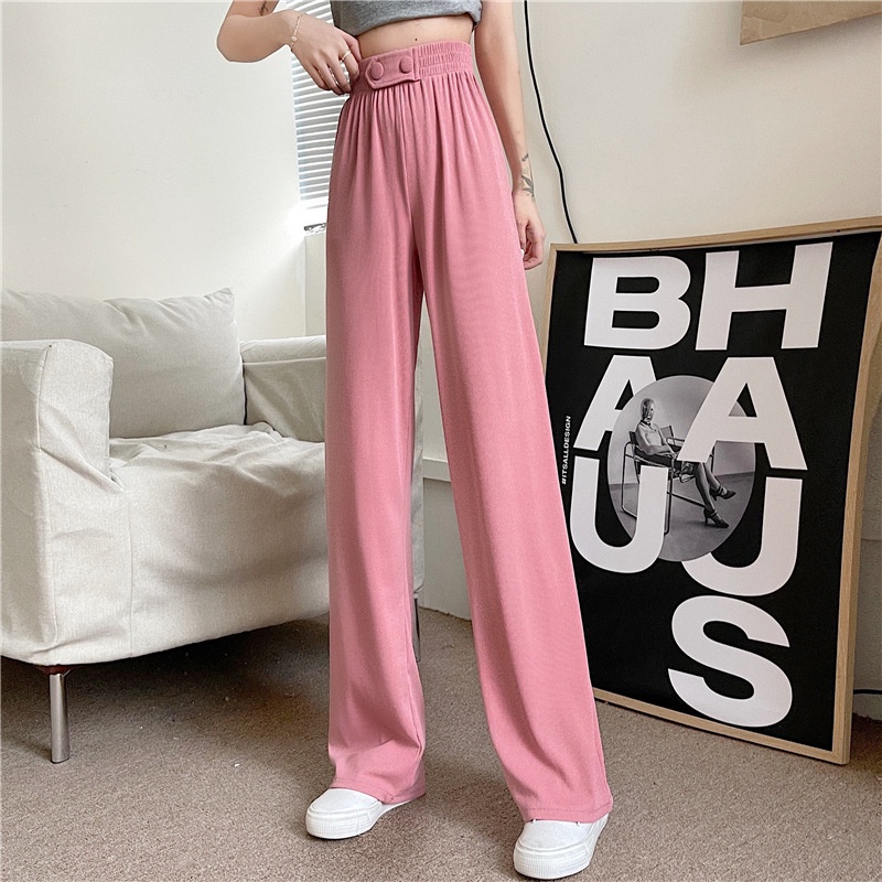 Quần Dài Lưng Cao Ống Rộng Vải Lụa Mát Thời Trang Cho Nữ