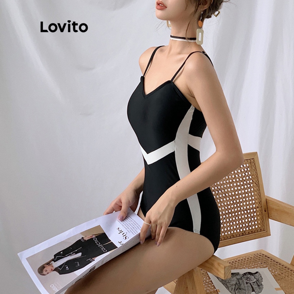 Đồ bơi một mảnh Lovito khối màu hình học cơ bản cho nữ L48AD014 (màu đen)