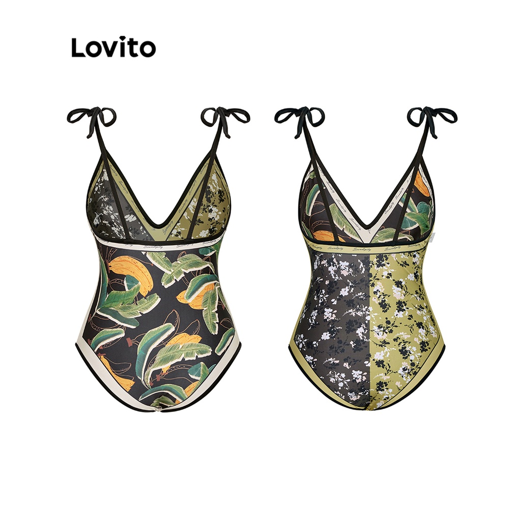 Đồ bơi một mảnh Lovito in họa tiết hoa nhí hai mặt cổ chữ V phối dây tương phản thắt dây phong cách boho cho nữ L48AD021 (màu hồng/ vàng/ đen)