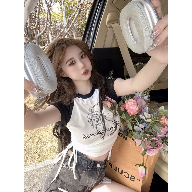 COZOK Áo Thun Ngắn Tay Ôm Dáng Phối Dây Rút Thời Trang