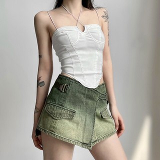 Klalien Áo Tank Top Trắng Ghép Vải Quấn Dưới Áo Hai Dây Buộc Dây Cho Nữ