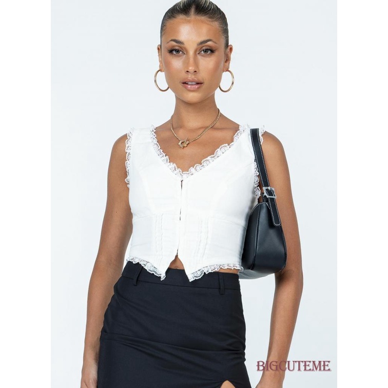 [] Áo Tank Top Không Tay Cổ Chữ V Viền Ren Không Đều Màu Trắng / Đen Cho Nữ