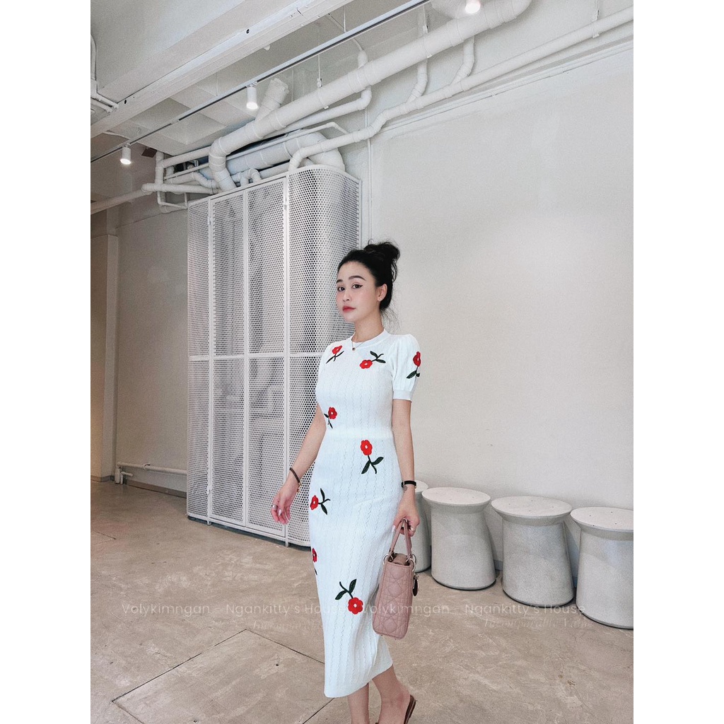 Váy len hoa nổi vai bồng