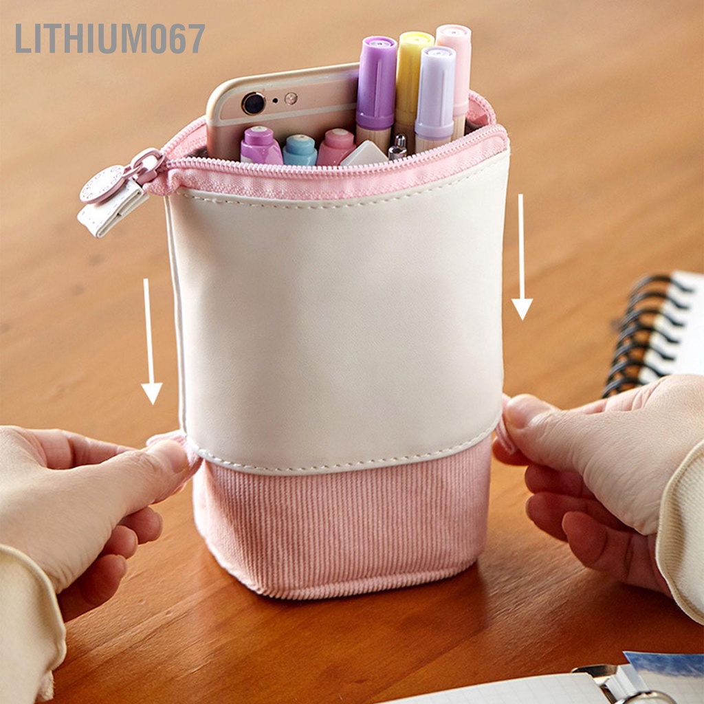 Lithium067 Hộp đựng bút đứng màu hồng Có thể co lại Mềm mại Thoải mái với 3 túi cho trường học