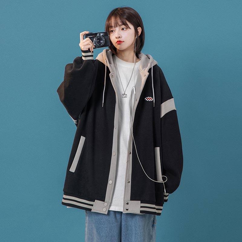 Áo hoodie nữ - khoác nỉ Bomber Unisex phối viền, có mũ 2 lớp dày dặn ulzzang phong cách Hàn Quốc, có Cúc bấm | BigBuy360 - bigbuy360.vn