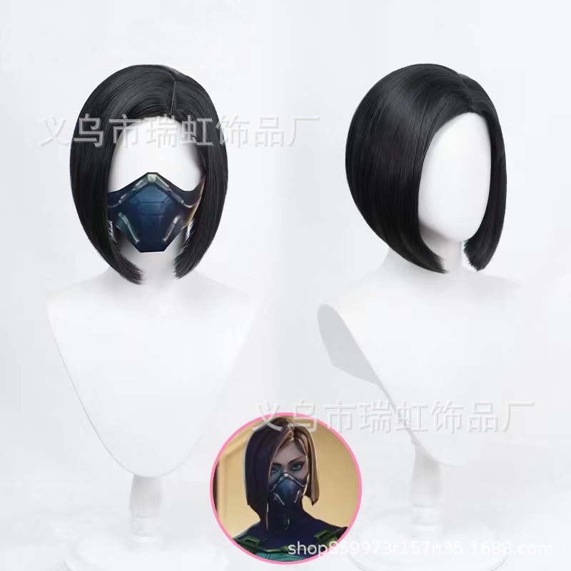 Tóc Giả Ngắn Cosplay Game Valorant Viper Màu Đen Bằng Sợi Tổng Hợp Chịu Nhiệt
