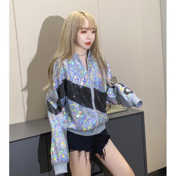 Áo Khoác Bóng Chày Dáng Rộng Đính Kim Sa Màu Bạc Thời Trang Xuân Thu 2023 Phong Cách Hàn Quốc Mới