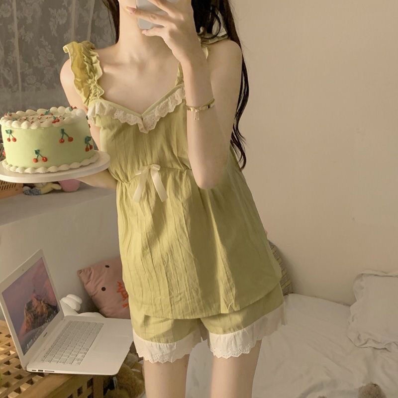 Bộ Đồ Ngủ Hai Dây Phối Ren Có Miếng Đệm Ngực Thời Trang Mùa Hè Cho Nữ