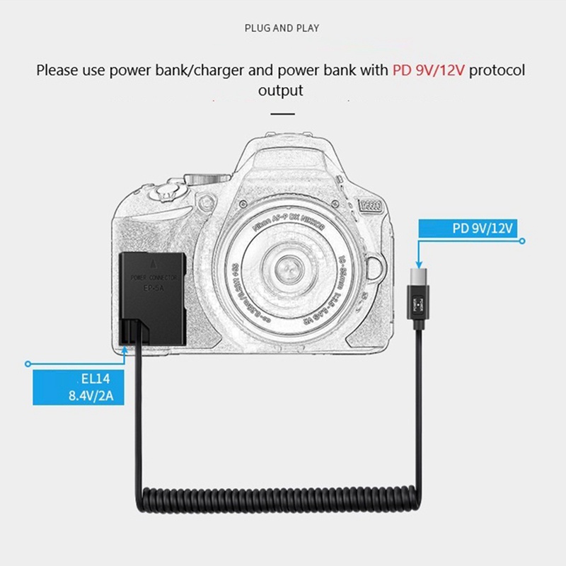 Bộ Chuyển Đổi Nguồn Điện USB C Sang EP-5A EN-EL14A Cho Máy Ảnh Nikon D3100 D3200 D3300 D3400 D3500 D5100 DF