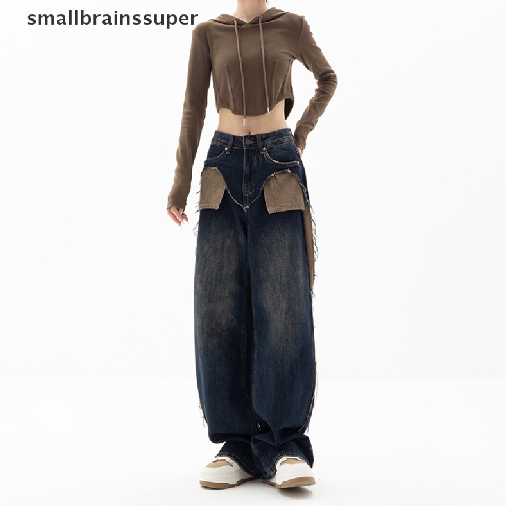 Quần Jean Lưng Cao Ống Rộng Phối Túi Thời Trang Harajuku Vintage Dành Cho Nữ