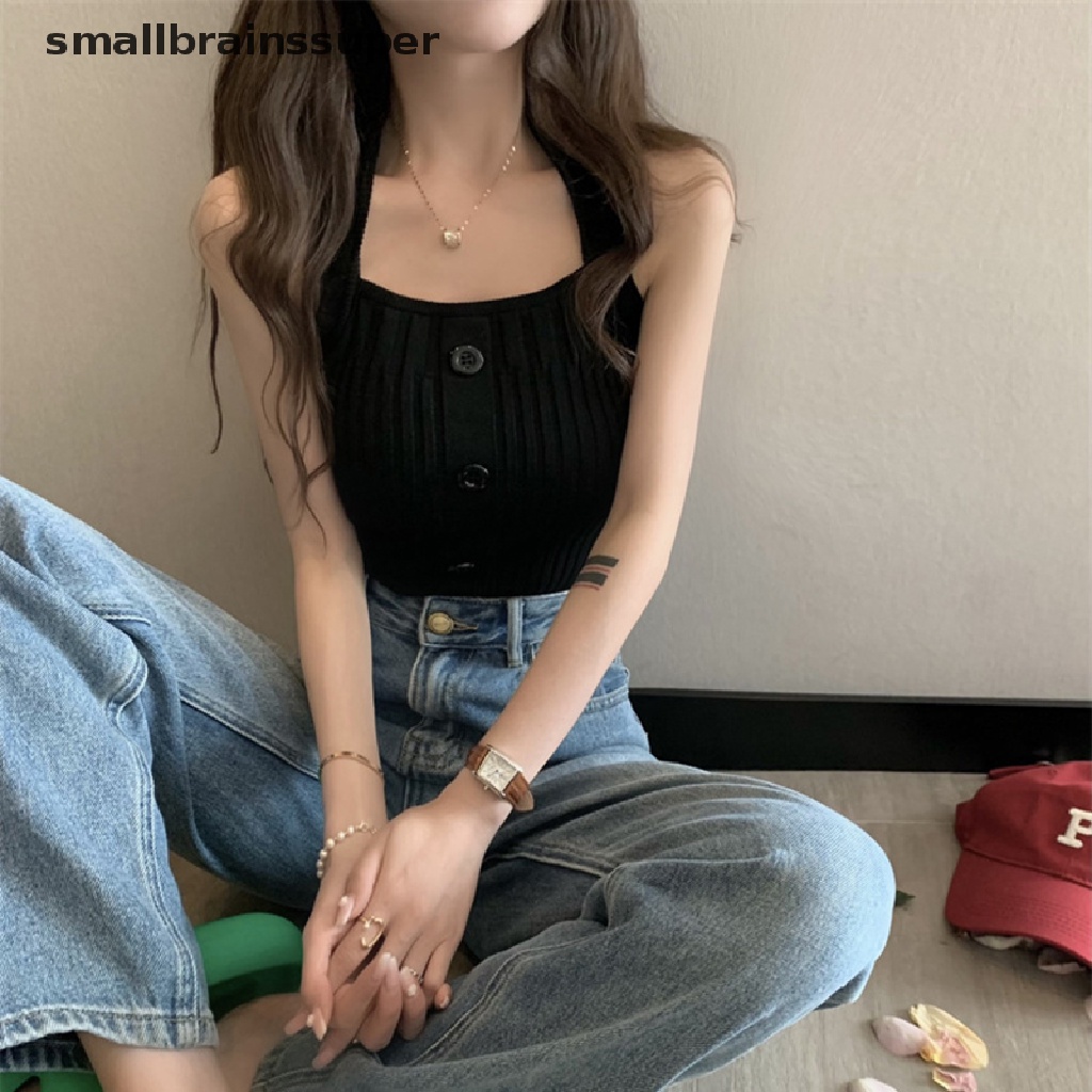 Áo Hai Dây Dệt Kim Màu Trơn Cài Nút Thời Trang Mùa Hè Quyến Rũ Cho Nữ SBS