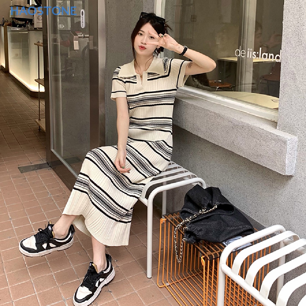 Đầm Sweater Dệt Kim Cổ Polo Tay Ngắn Dáng Ôm Co Giãn Phối Họa Tiết Kẻ Sọc Thời Trang Mùa Hè 2023
