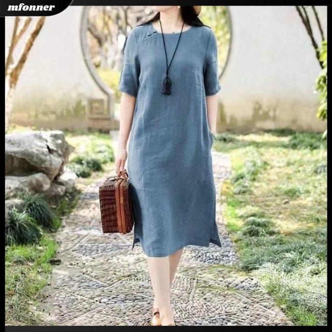 Đầm Midi Cotton Lanh Tay Ngắn Dáng Rộng Màu Trơn Thời Trang Trung Hoa Cho Nữ