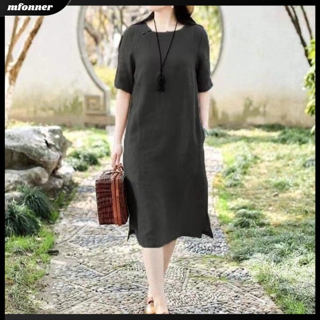 Đầm Midi Cotton Lanh Tay Ngắn Dáng Rộng Màu Trơn Thời Trang Trung Hoa Cho Nữ