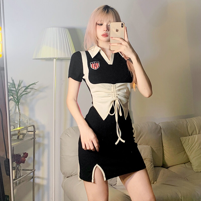 Kliou 2023 Mới Đầm Polo Tay Ngắn Dáng Chữ A Phối Màu Tương Phản Phong Cách Preppy Cổ Điển Thời Trang Cho Nữ Kliou 2023