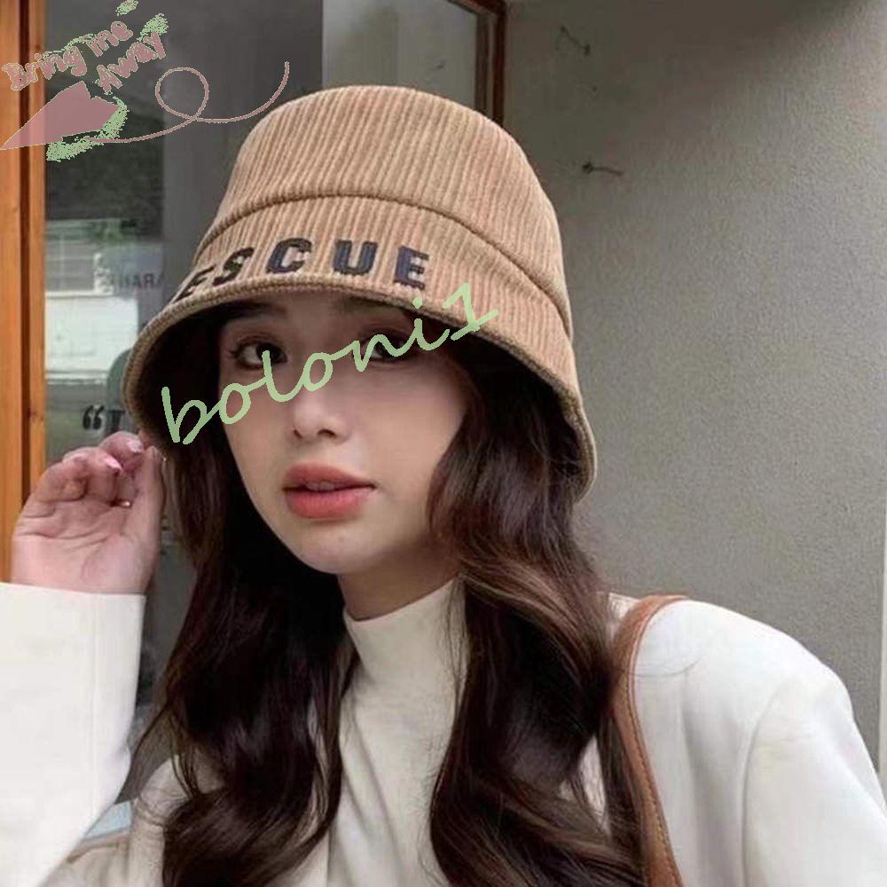 Mũ Bucket Nhung Kẻ In Chữ Thời Trang Thu Đông Hàn Quốc Dành Cho Nữ