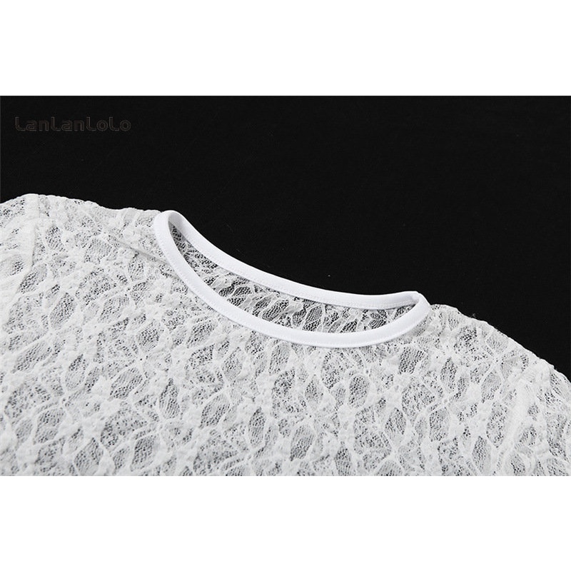Áo thun LanLanLoLo tay ngắn cổ tròn màu trơn phối lưới nhìn thấu thời trang 2023 cho nữ