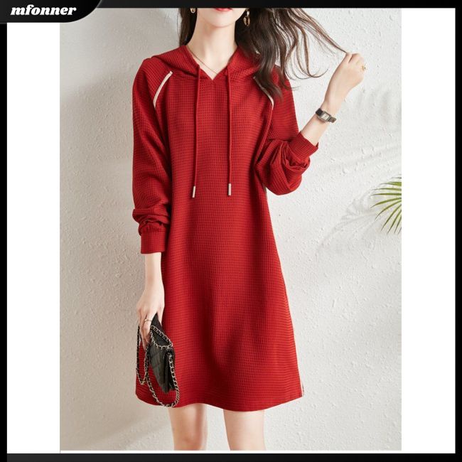 Đầm Hoodie Tay Dài Dáng Rộng Phối Dây Rút Thời Trang Cho Nữ