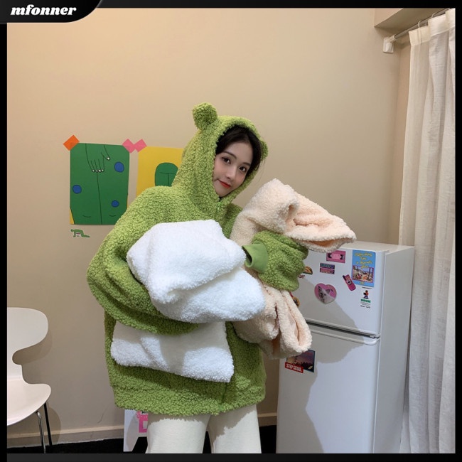 Áo Khoác Dáng Rộng Màu Trơn Phối Lông Ấm Áp Dễ Thương Cho Nữ