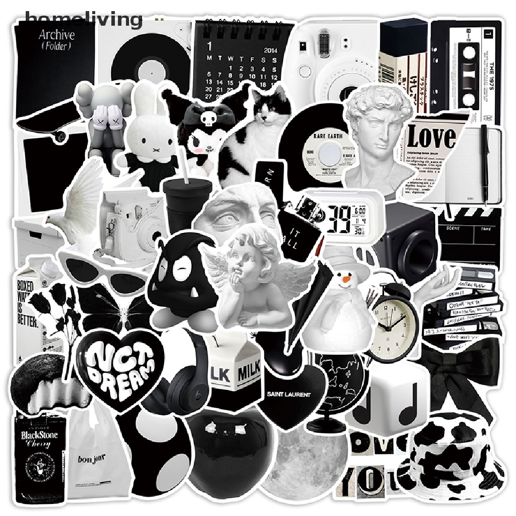 Set 50 Sticker Màu Trắng Đen Trang Trí Sổ Tay DIY