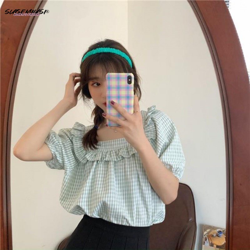 SUGEMIUSI Áo Sơ Mi Ngắn Tay Cổ Vuông Hở Xương Quai Xanh Tươi Mới Mùa Hè Cho Nữ