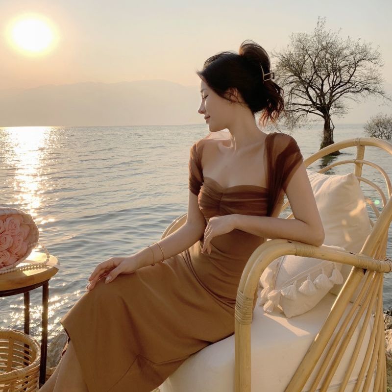 [F &amp; X] Đầm Dài Dệt Kim Dáng Ôm Phong Cách Pháp Cổ Điển Thời Trang Cho Nữ