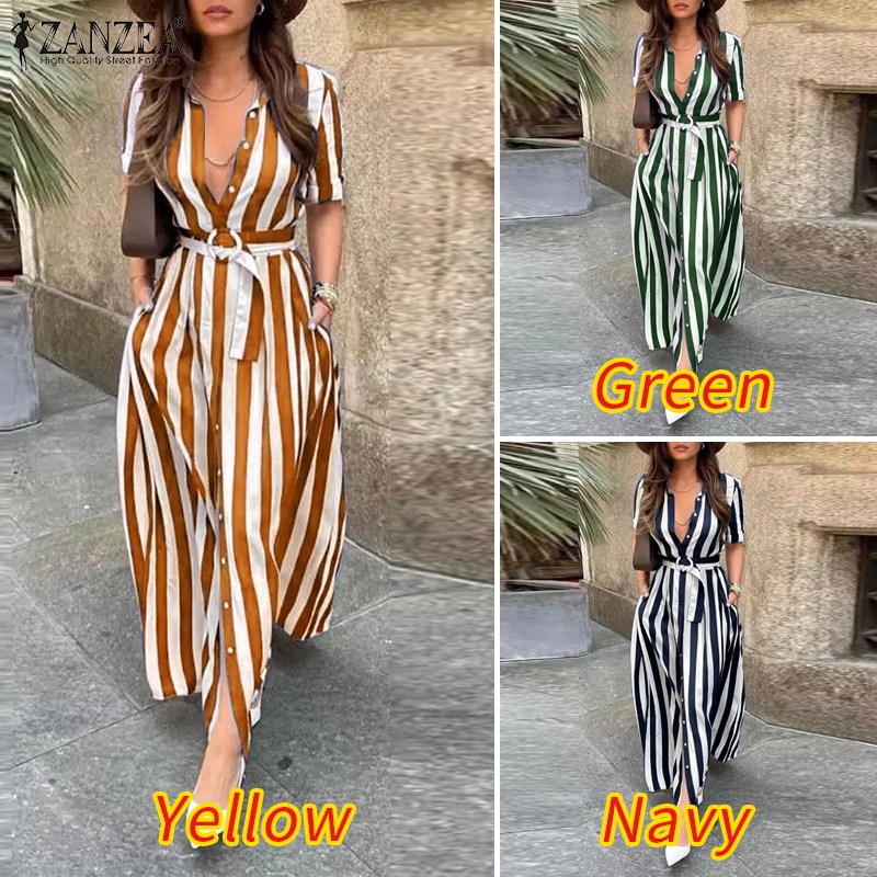 ZANZEA Áo Sơ Mi Nữ Ngắn Tay Họa Tiết Sọc Dọc Kèm Thắt Lưng Thời Trang