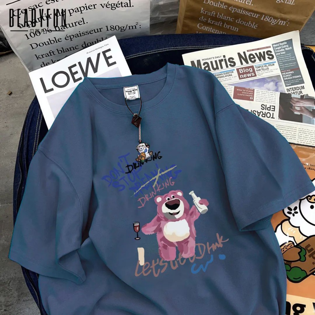 Áo Thun 100% Cotton Tay Ngắn In Hình Gấu Và Dâu Tây Phong Cách Harajuku Thời Trang Mùa Hè Hàng Mới Dành Cho Học Sinh Nam Và Nữ