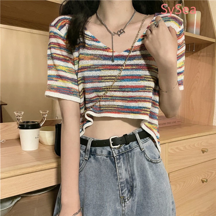 Áo Croptop Dệt Kim Kẻ Sọc Thời Trang Mùa Hè Cho Nữ