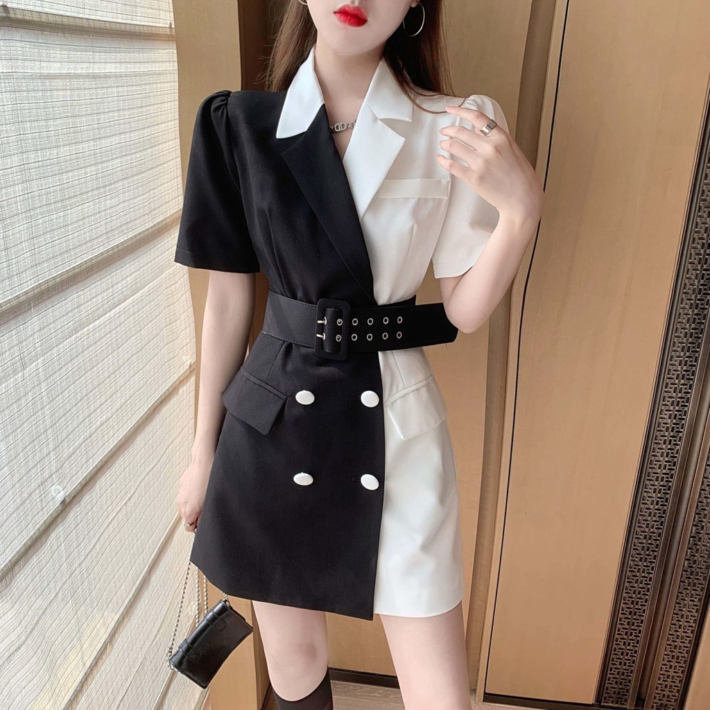 Đầm Cổ Vest Tay Phồng Cột Dây Màu Trắng Đen Thời Trang Mùa Hè 2023 Cho Bạn Gái
