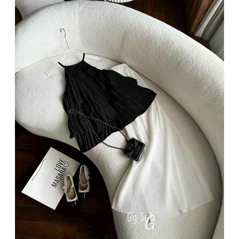 SET ÁO CỔ YẾM DẬP LY và  QUẦN SUÔNG 9 TẤC DẬP LY TRẮNG hai màu đen hồng GG alohashop91