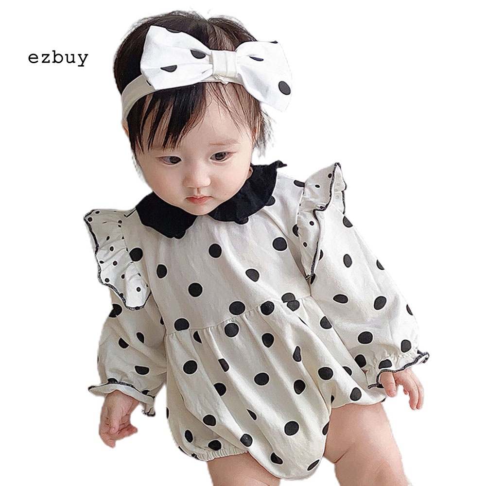 Set 2 Món Áo Liền Quần Bằng Cotton Thân Thiện Với Da In Họa Tiết Chấm Bi + Băng Đô Cài Tóc Cho Bé Gái