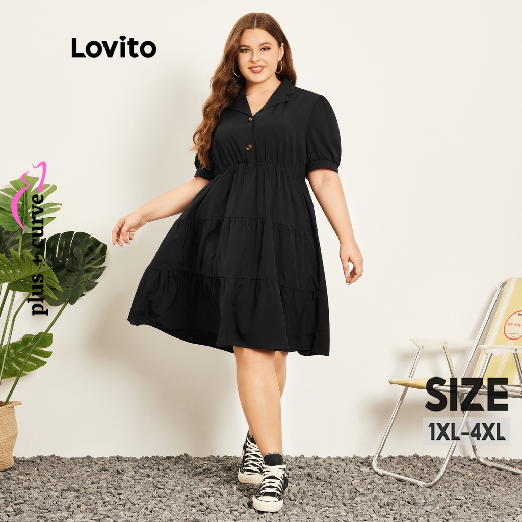Đầm Lovito xếp tầng phối nút màu trơn thường ngày tôn đường cong size lớn cho nữ LPS07020 (Màu đen)