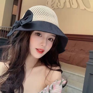 New female hollow-out fisherman hat Korean style all-match sun hat face-covering breathable sun hat bowknot UV protection sun hat